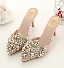 new 2016 beautiful women beading pointed toe 7.5cm heel outdoor slipper female lace heel shoes shoes woman sandalias mujer