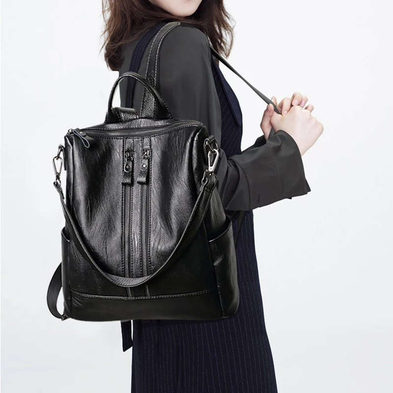 Модный женский рюкзак из искусственной кожи, повседневный мягкий рюкзак, многофункциональная вместительная школьная однотонная черная большая сумка
