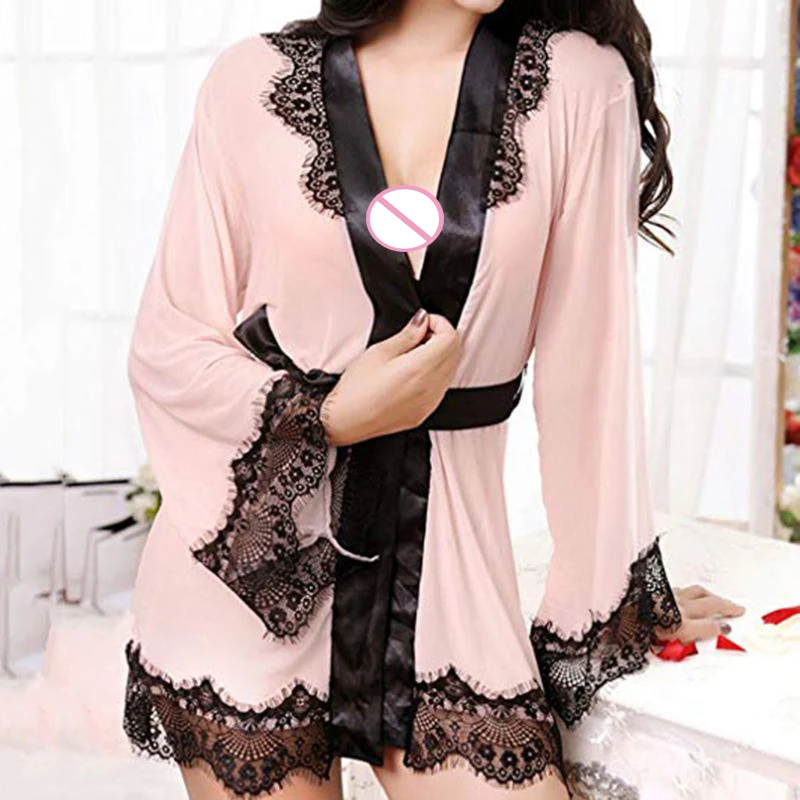 Женское сексуальное прозрачное Сетчатое белье размера плюс, банный халат контрастного цвета, Цветочная кружевная Лоскутная ночная рубашка с атласным поясом