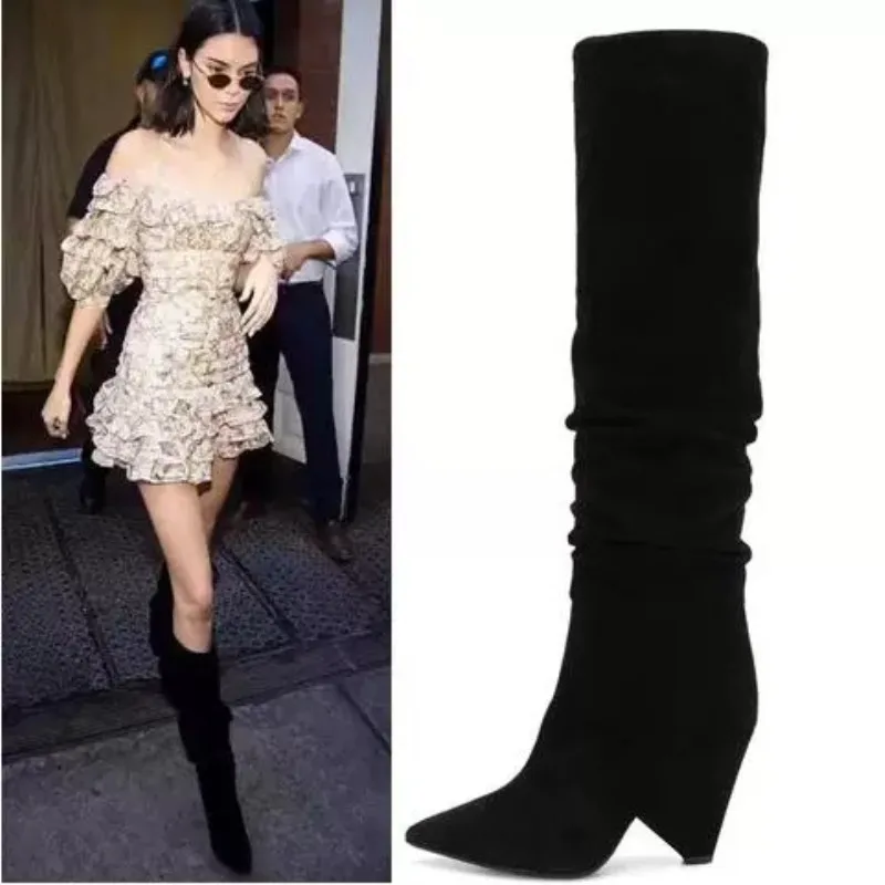 Sexy Plissee Schwarzes Kniehohe Grün Stiefel Cowboy Schwarz Frau Spitz Schuhe Mid Mode Frauen Cocoafoal kalb wqO6tTx0q