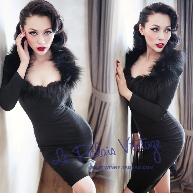 

FREE SHIPPING Le palais vintage limited edition vintage elegant fox fur luxury low-cut tight-fitting one-piece dress