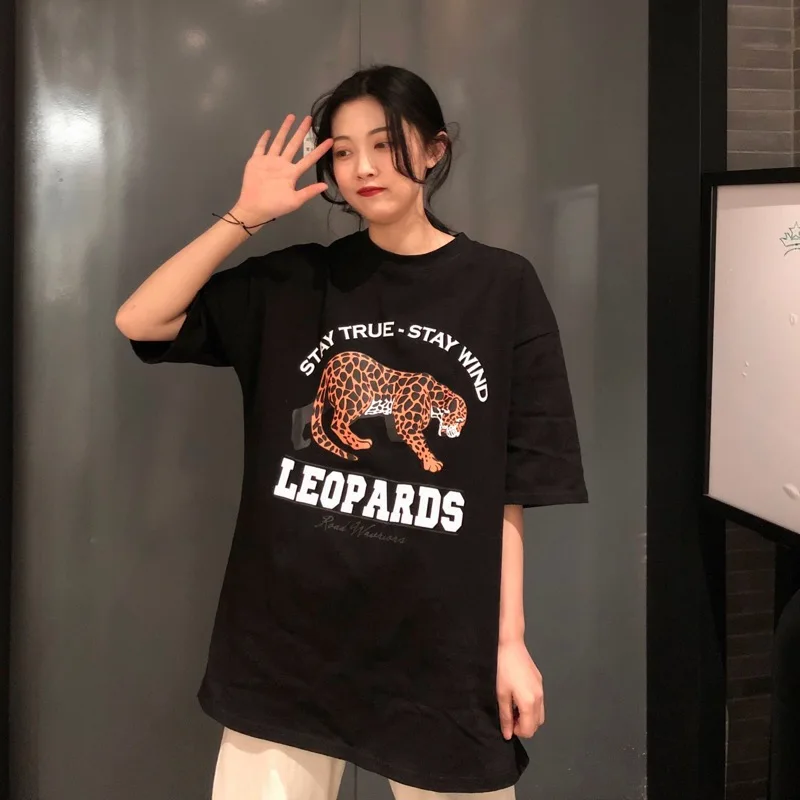 

Women Leopard T Shirts Vintage Loose Letters Printed Summer O-neck Graphic Tees Korean Harajuku T shirts Woman Tops