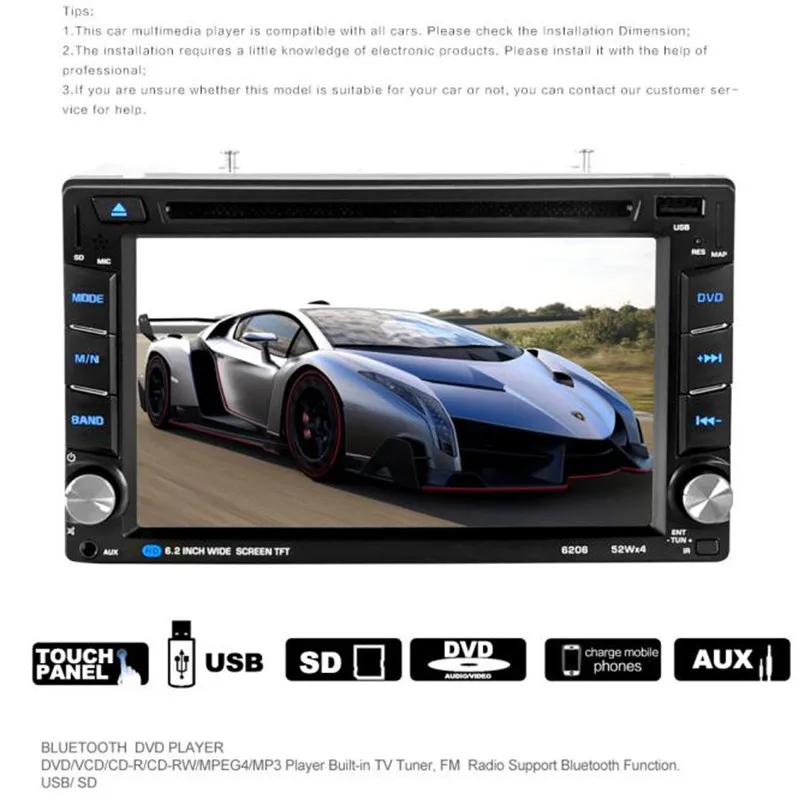 6.5 Double 2DIN Touch Car Stereo CD DVD Player Bluetooth USB SD AM FM