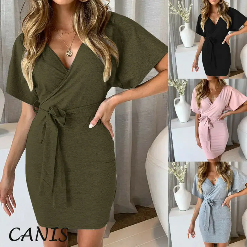 

New Women Ladies Fashion Casual Summer Dress Short Sleeve Loose V Neck Sundress Mini Dress Office Ladies Wear