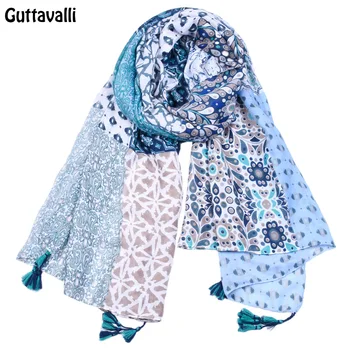 

Guttavalli New Woman 2019 Blue Cashew Flowers Tassels Long Scarf Spring Fashion Dots Shawl Geometric Soft Chevron Stripe Scarves