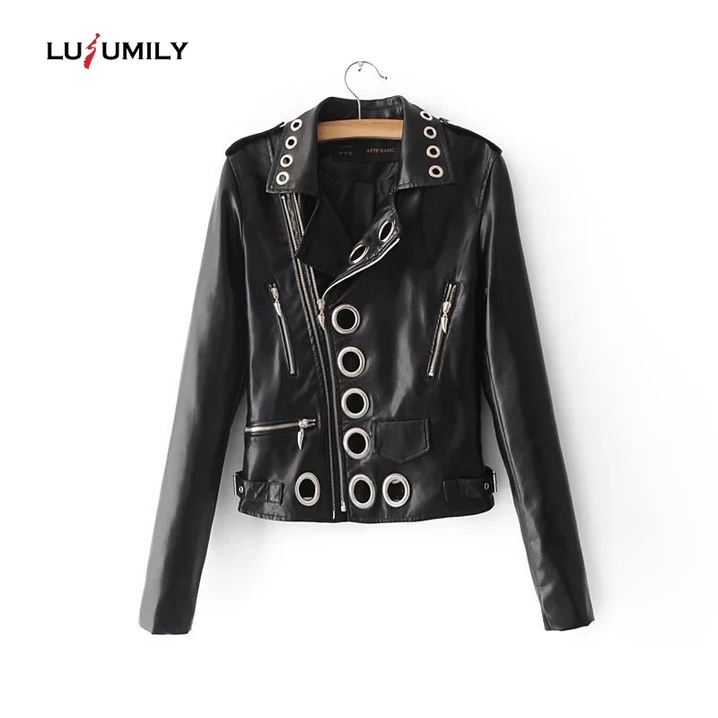

Lusumily Autumn Leather Jacket Women Fashion Heavy Metal Circle Hollow Out Leather Motorcycle Jacket Short Faux Coat Pu Outwear