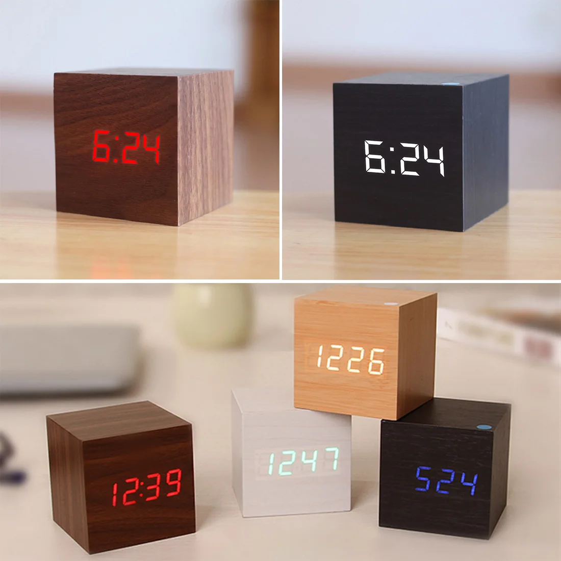 

Sounds Control Wooden Alarm Clock Digital LED Desk Clock Thermometer Timer Calendar Table Decor
