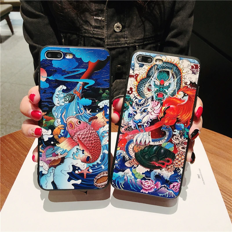 3D тисненый рисунок в китайском стиле, чехол с тотемом для iPhone X XS Max XR 8 7 6 6s Plus, мягкий силиконовый чехол