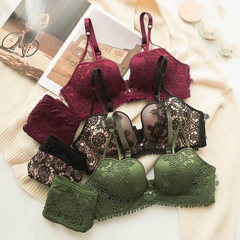 

Wasteheart Women Fashion Red Green Lace Trim Straps Bralette Cotton Panties Push Up Bra Sets Underwear Sexy Lingerie Sets A B