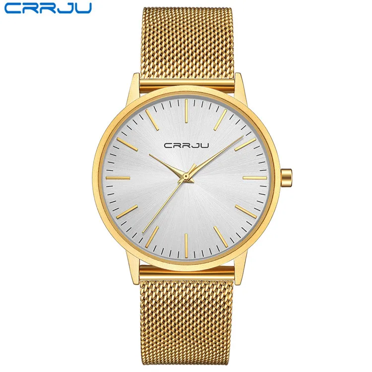 Новая мода для мужчин s часы лучший бренд класса люкс CRRJU для мужчин кварцевые часы сетчатый ремешок нержавеющая сталь ультра тонкие часы Relogio Masculino - Цвет: gold white
