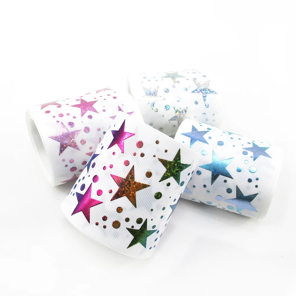 

david angie 3'' 75mm 5 yards Hologram holographic silver laser star ribbon DIY hair bows ,5Y54915