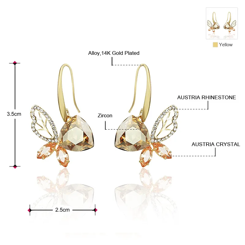 Neoglory Австрия Кристалл& стразы& циркон длинные висячие серьги светильник цвета желтого золота шампанского Элегантный дизайн бабочка