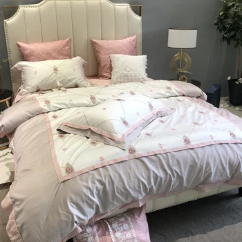 

Luxury 100S Egyptian Cotton Embroidered Bedding set Queen King Pastoral Duvet cover Bed sheet set Pillowcases 4/6pcs White Pink