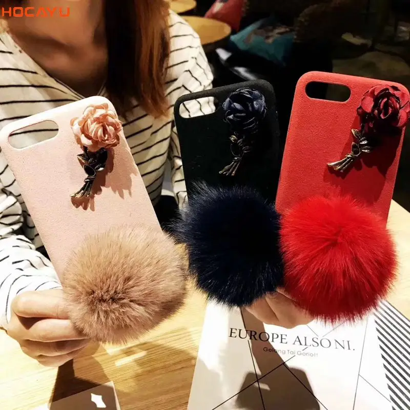 HOCAYU розы 3d чехол для телефона Iphone х лисий мех мяч Pom тканевый 7 плюс 8 девушка