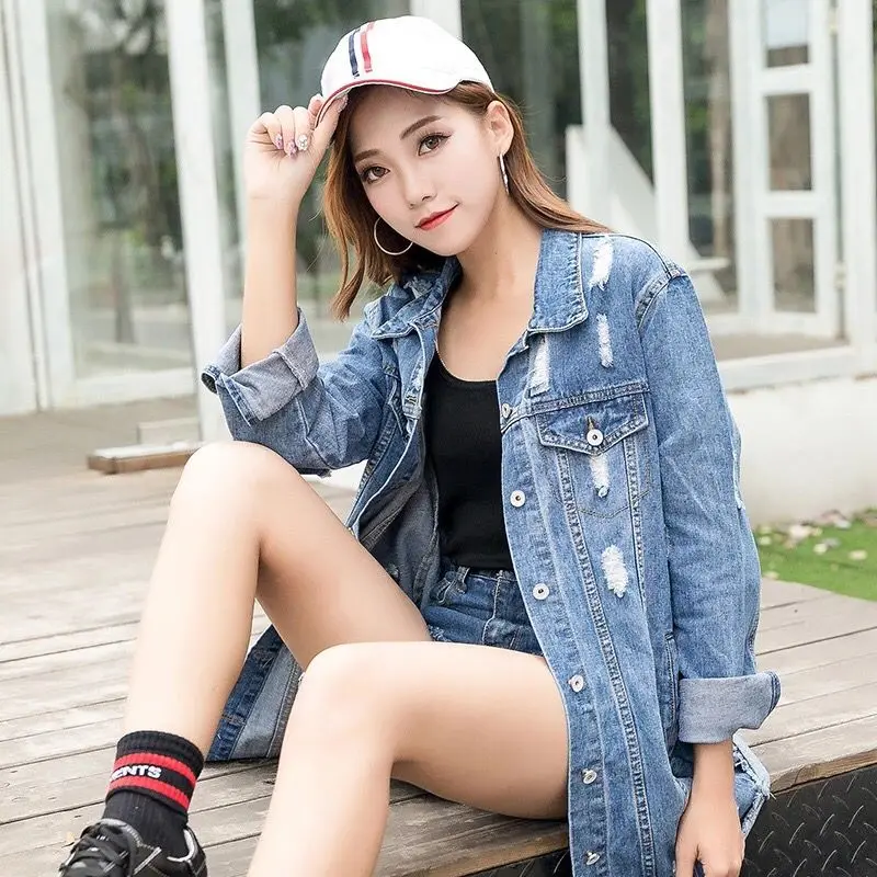 

Floral Embroidery Long Denim Jacket Spring Autumn Ripped Jeans Coat For Women Plus Size Femme 2018 Tops Outewear Chaqueta Mujer