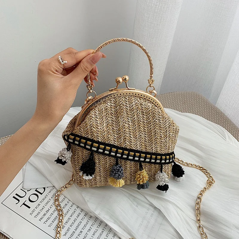 

LJL-Sen Department Fashion Straw Bag Female Fashion Summer Wild Woven Contrast Color Shoulder Messenger Bag