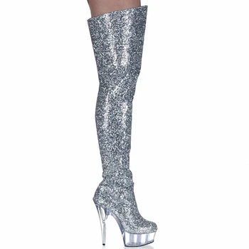 

6" High Heel Platform Thin Heels Crystal Shoes Side Zip Sexy Fetish Women's Over Knee Thigh High Boots Pole Dancing