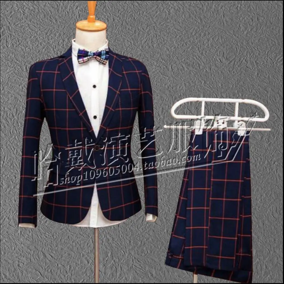

S-5xl New Men Fashion Plaid Suit Bar Nightclub Dj Wedding Dress Plus Size Clothing Singer Show Suits Set Stage Singer Costumes