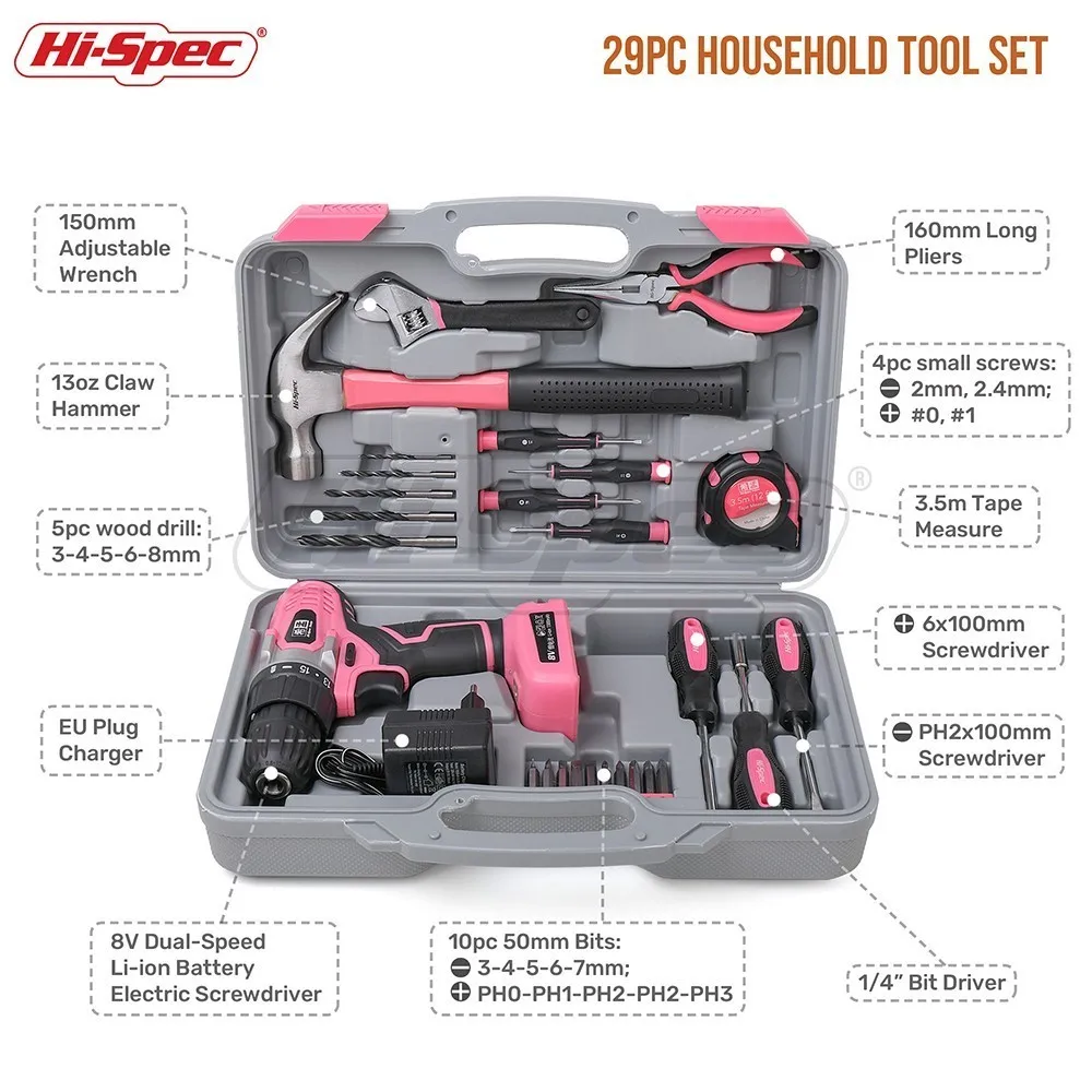 Hi-Spec Pink Hand Tool Set with Cordless Drill Screwdriver Repair Home Power Gift Tool Set Lady Hou