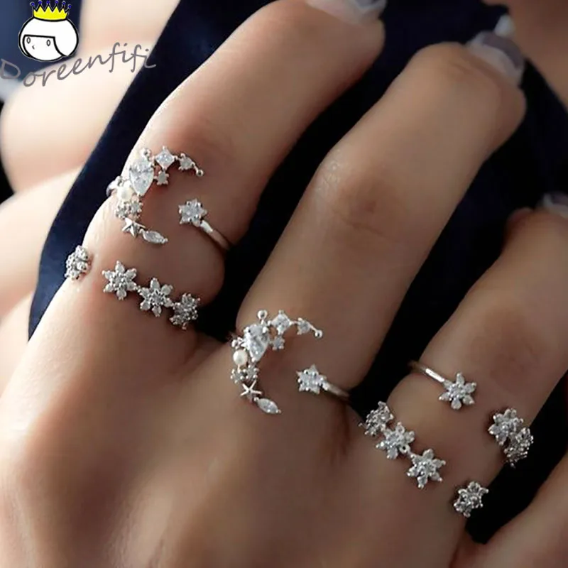 

5PCS/Set Bohemian Ring Female Retro Wedding Festival Star Moon Crystal Ring Set Trendy Silver Joint Knuckle Rings for Women