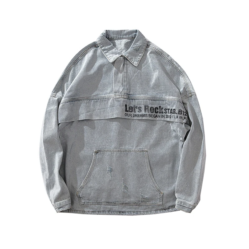 

Sokotoo Men's loose pockets gray jean jacket Letter's printed denim coat Trendy fashion hip hop streetwear top outerwear