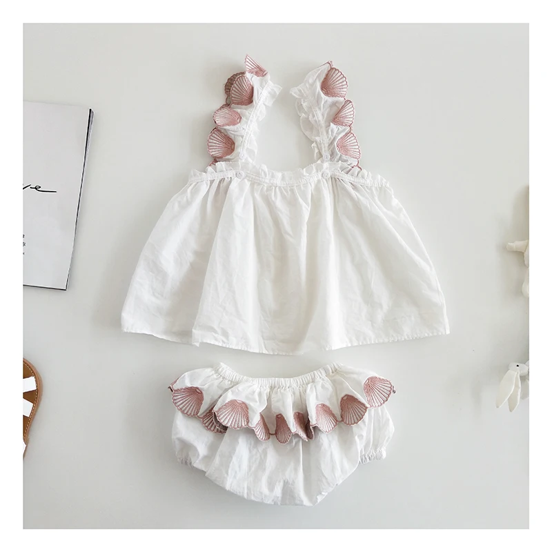 

Girls Summer 2pcs Set Toddler girls summer clothing Set Embroidery Shell Pattern Cotton Summer Girls Set