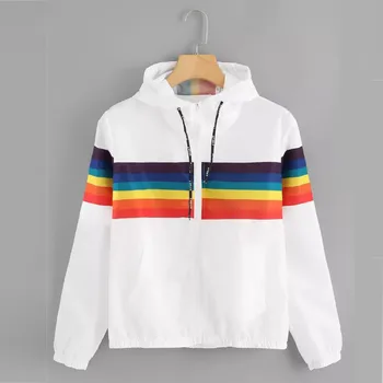 

Girls Casual Sports Jacket Womens Long Sleeve Rainbow Patchwork O Neck Sweatshirt Hooded Overcoat Blouse chaquetas mujer -