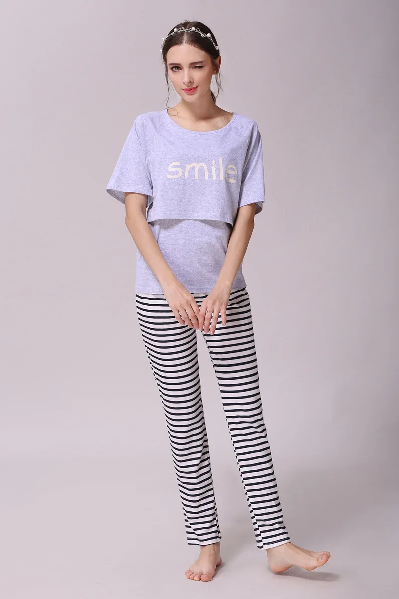 Милая хлопковая одежда для беременных с короткими рукавами, 2 предмета, пижама для кормящих, пижамы для кормящих