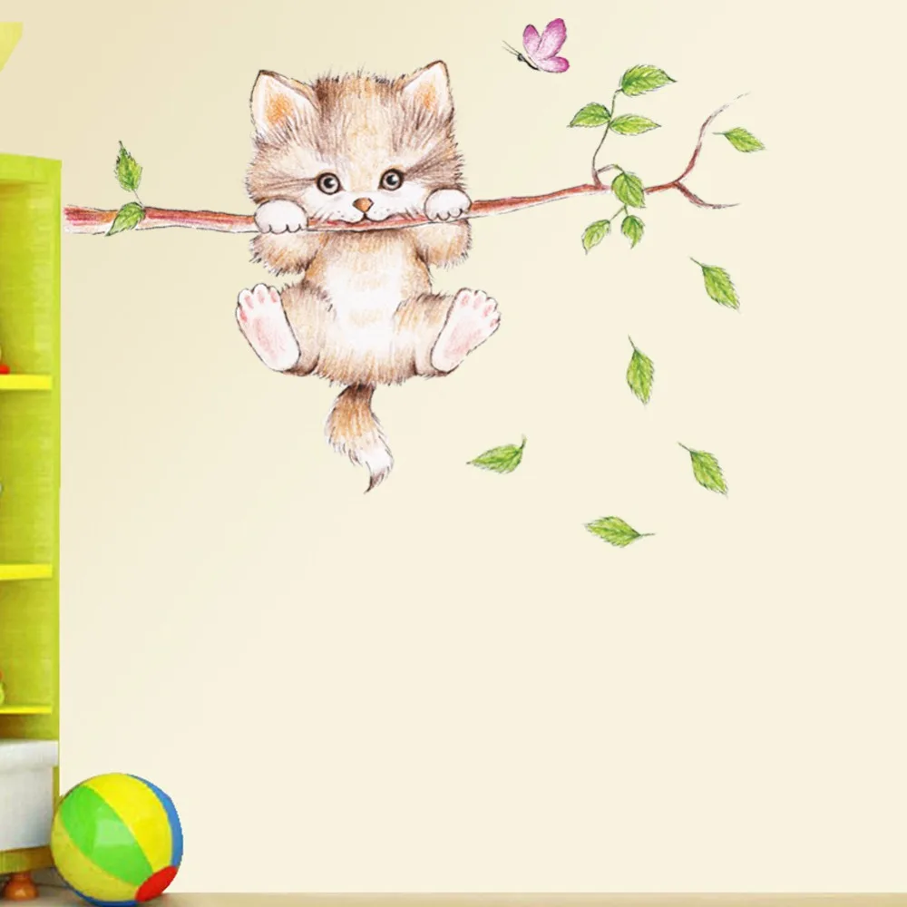 ZOOYOOCute кошка, висящая на ветке, погоня за ребенком, спальня, домашняя Наклейка на стену, украшенная бабочкой, игровой ярлык, мультяшная аппликация, сделай сам