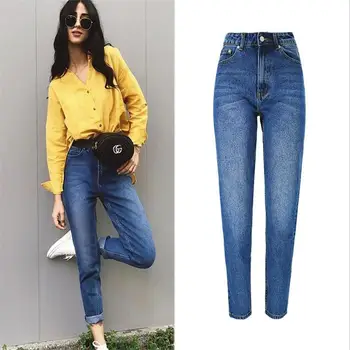 

SupSindy Woman jeans European style vintage blue straight high waist jeans Street style mom jeans for women pants denim trousers