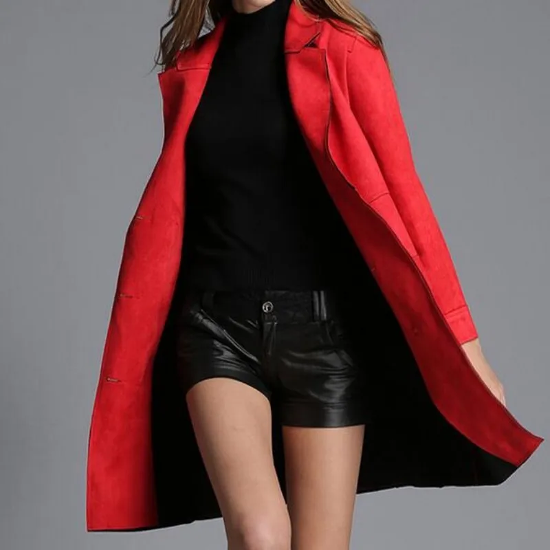 Top Quality Brand Womens Slim Fit Suede Leather Long Jacket Female Double Breasted Trench Coat Lepal Windbreaker Overcoat Size
