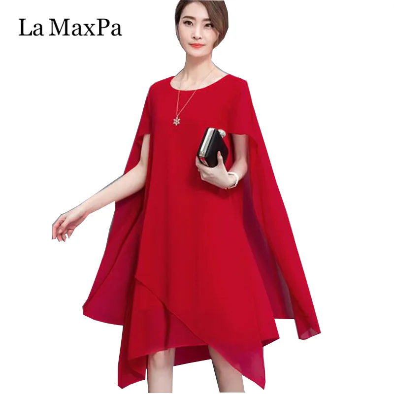 

New Summer Chiffon Asymmetric Plus Size Cape Women Dress Vestidos Short Sleeves Knee Length Dresses Big Size Party Dress