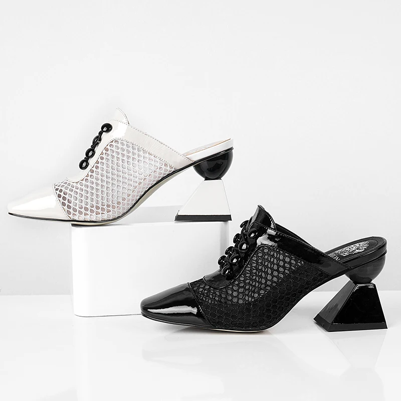 ISNOM/туфли-лодочки из лакированной кожи; женская сетчатая обувь на высоком каблуке; обувь в необычном стиле с пуговицами; женские туфли без задника с квадратным носком; женская летняя обувь
