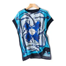 Женская модная свободная шелковая Футболка с принтом и открытым подолом, футболки с коротким рукавом синего цвета, один и более размер