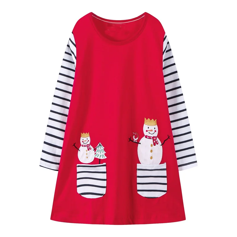 100% Cotton Striped Girls Dresses Baby Kids Christmas Clothes Long Sleeve Spring Autumn Applique Deer Children Dress Robe Fille (9)