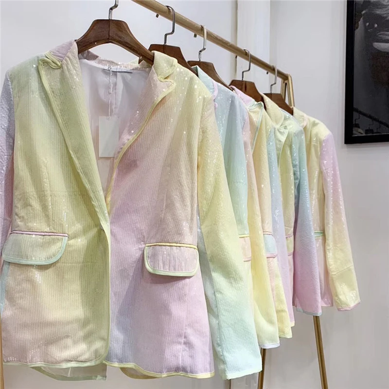 2019 Designer Gradient Sequined Women's Jacket Blazer Single Button Patchwork Female Suit Coat Office Ladies Blazers Mujer