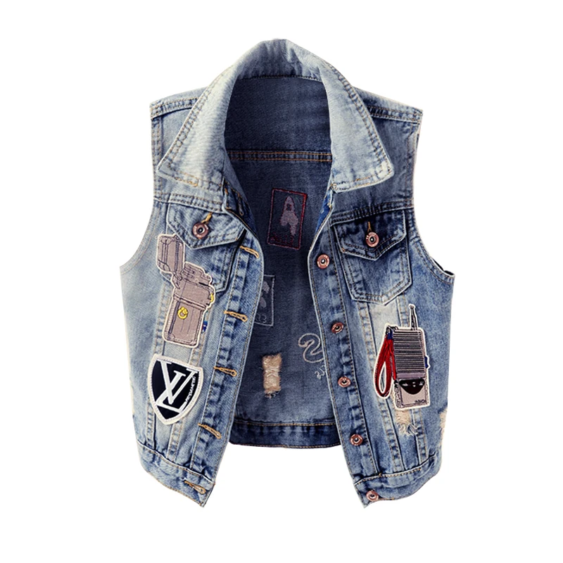 

Korean Holes Denim Vest Women Sleeveless Jacket Spring Summer Harajuku Large size Slim Jeans Vest Short Retro Ladies Waistcoats
