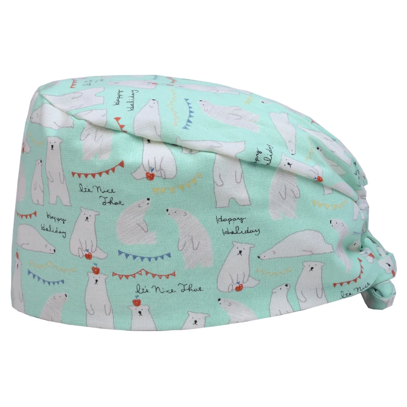 

Print Surgical Cap Icebear in Candy Green Color Flat Top Medical Skullcaps Operating Room Tieback Medical Cap 100% Cotton 2018