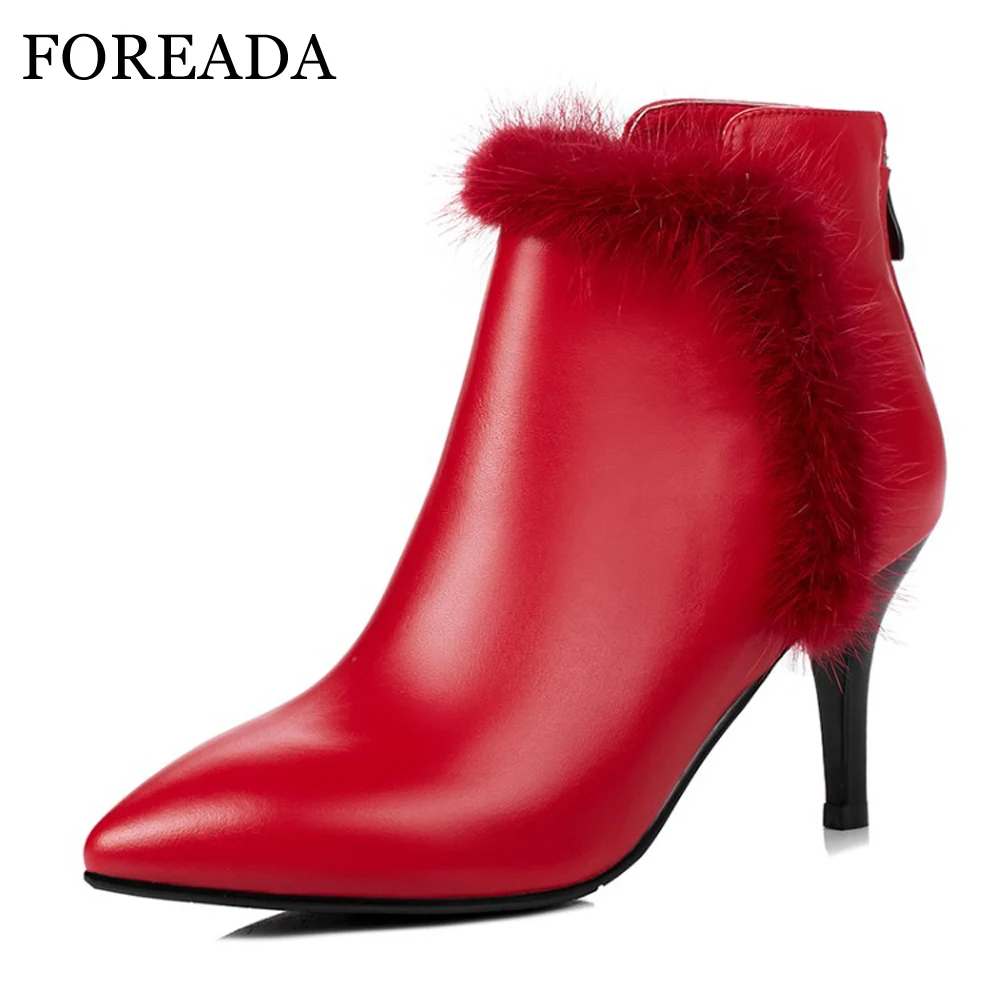 

FOREADA Genuine Leather Women Boots Winter Real Fur Thin High Heels Ankle Boots Zip Pointed Toe Lady Leather Boots Red Black