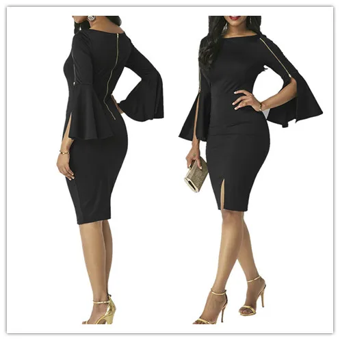Women O-Neck Sexy Slim Pencil Dress Spring Autumn Elegant Office Lady Long Flare Sleeve Black Bodycon Party Dresses