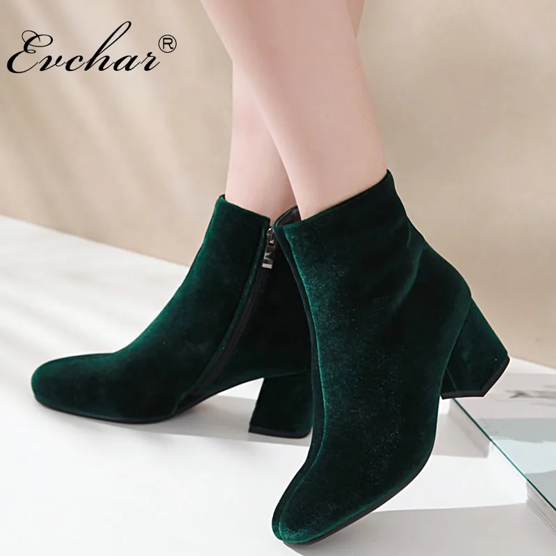 

EVCHAR Women med Heels Ankle Boots Black blue green red Flock Short Plush Vintage Boot Ladies Winter Warm zipper Shoes 34-43