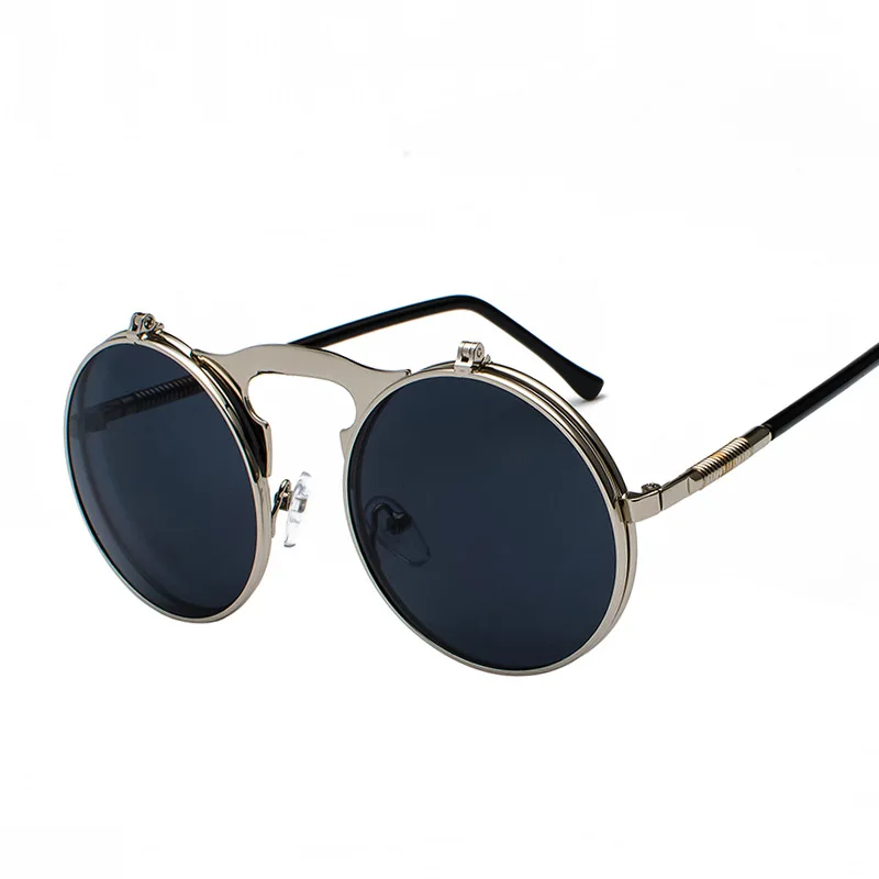 Солнцезащитные очки с откидной крышкой в стиле стимпанк, Ретро стиль, круглая металлическая оправа, раскладушка, двойные линзы, солнцезащитные очки для мужчин и женщин - Цвет линз: C7 Silver.Gray