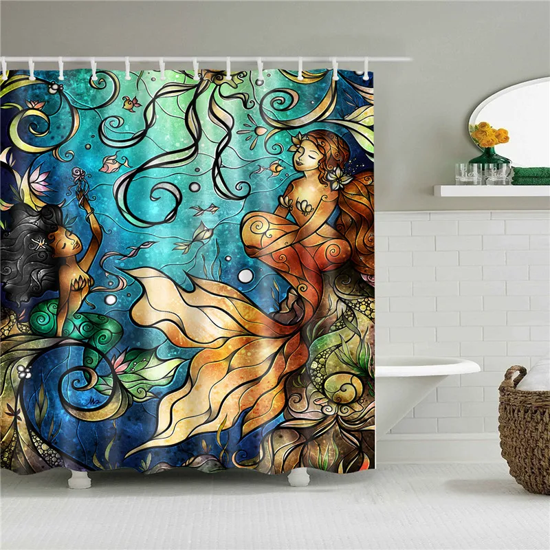 Водонепроницаемая занавеска для душа с рисунком русалки, Экологичная занавеска для ванной, с крючками «Cortina de» bano