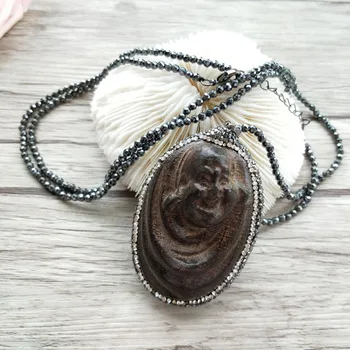 

4 pcs Hematite beads Chains necklace, wood Maitreya Buddha Head Pendant Jewelry necklaces NK303