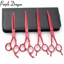 Z3102 4Pcs 7 19.6cm Suit JP Purple Dragon Clippers For Dog Grooming Shears Cutting+Thinning+Up&Down Curved Shears Pets Scissors 6 5 inch purple dragon dog grooming cutting curved thinning scissors case safety rounded serrated tip pets shears set