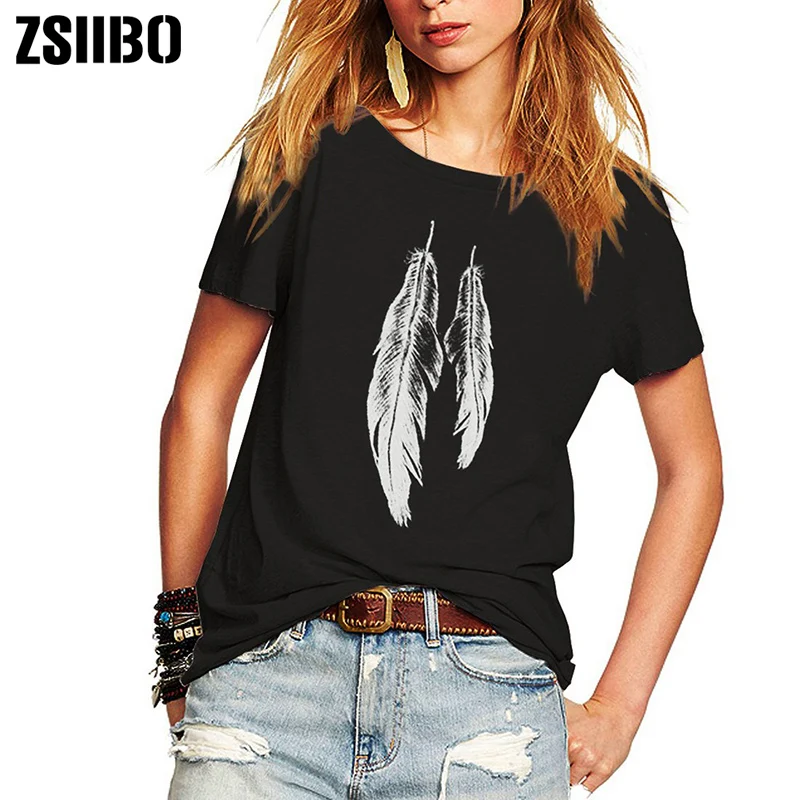 

ZSIIBO Summer Woman T Shirt Street Style Feathers Printed Short Sleeve T-Shirt Casual Loose Lady Tops Juniors Tees