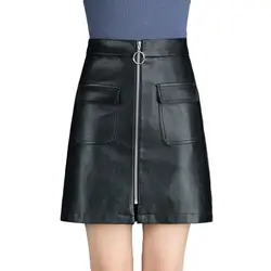 6031 Осенняя мода формальный А-силуэт высокая Талия пуш-ап молния короткая юбка из искусственной кожи юбка элегантная с карманами плюс