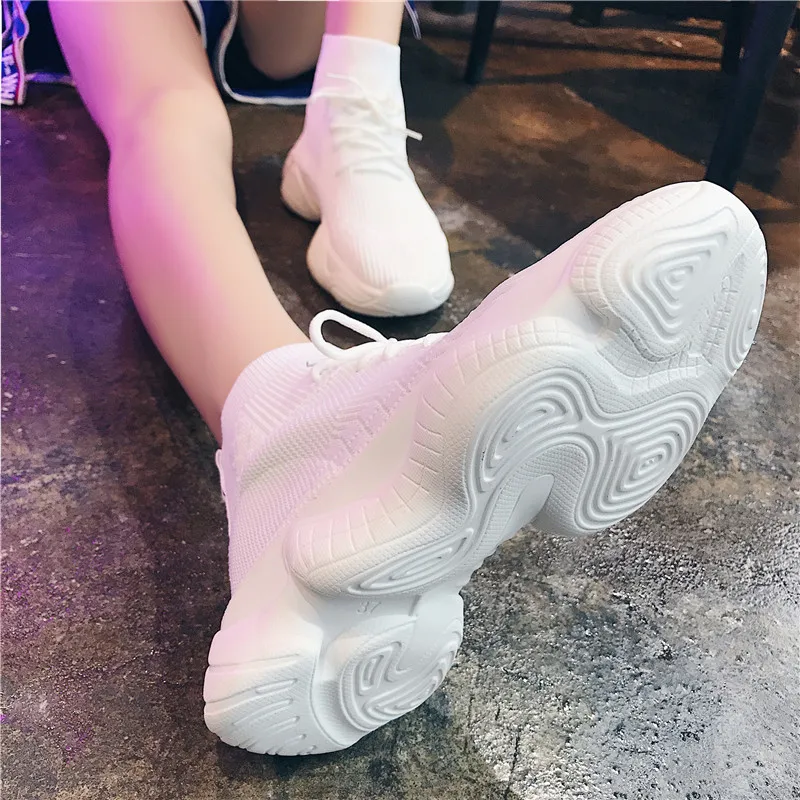 

Women Casual Shoes 2018 Women Shoes Fashion Knit Upper Breathable Sport Shoes Chunky Shoes Lace-Up Women Sneakers Black White