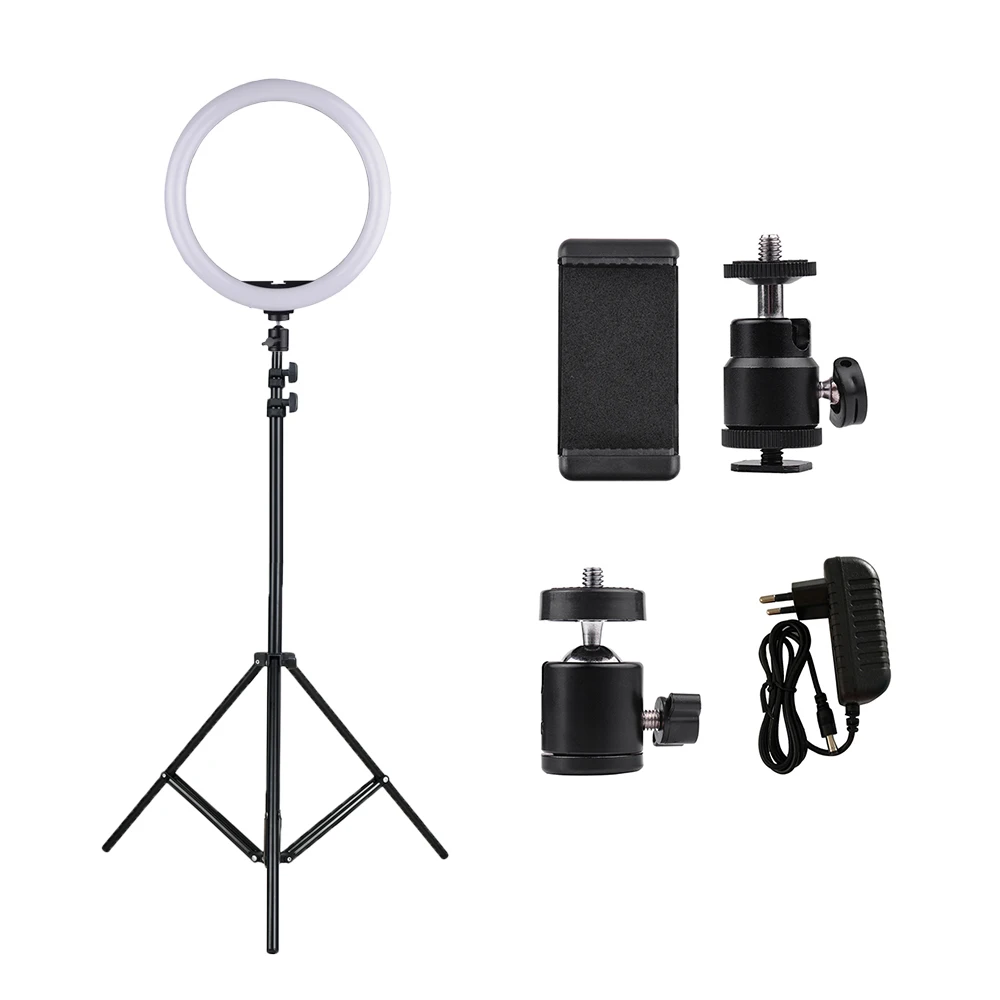 

24W Dimmable 2700-5500K Photo Studio LED Video Ring Light Lamp w/ Light Stand 2pcs Ball Heads for iPhone Samsung Huawei Xiaomi