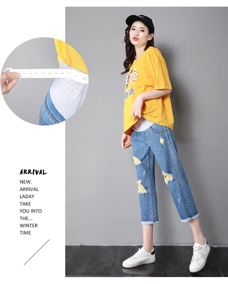 Calças de Algodão Verão Finas Mulheres Grávidas Calças Jeans Maternidade Buraco Moda Hight Cintura Gravidez Roupas Tamanho Grande 10 Mamãe e Bebê